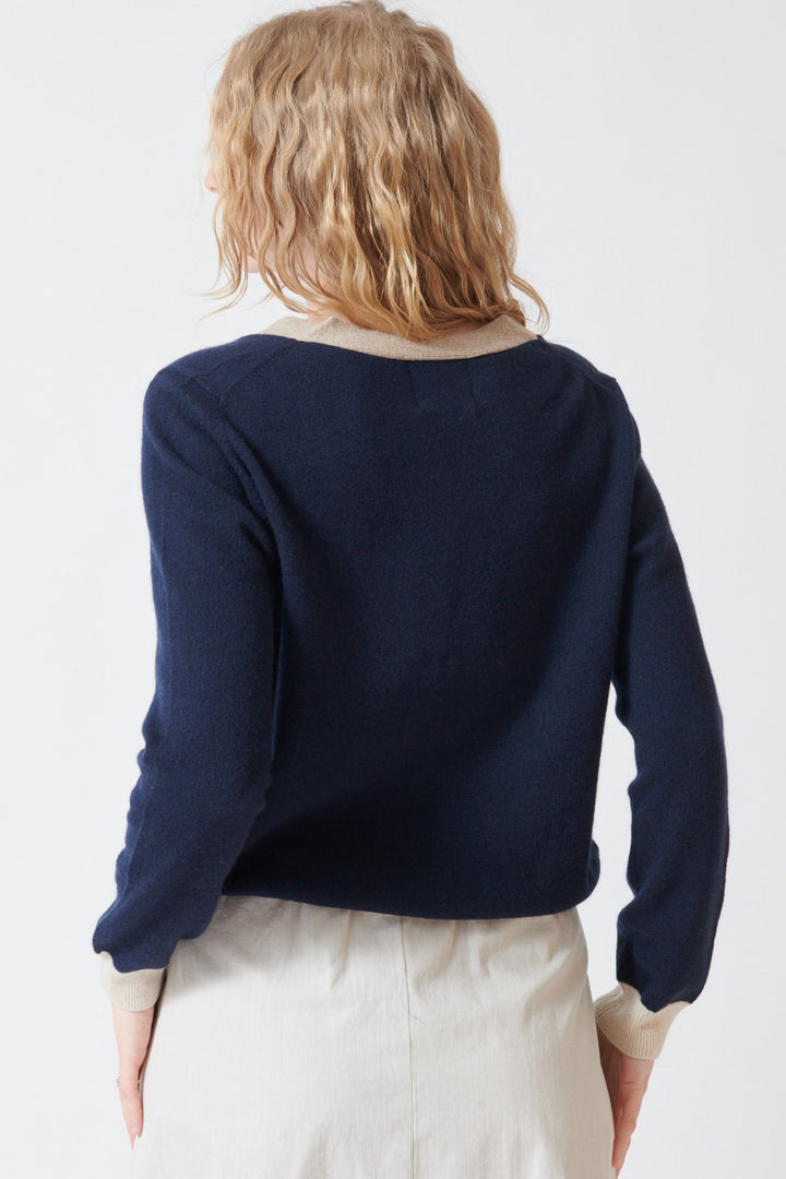 Madi wearing Jumper 1234 Many Contrast Cardigan rear view