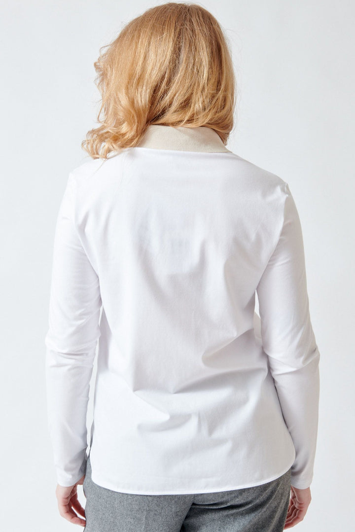 Waverly wearing Peserico Plain Stretch Cotton Poplin Stretch Jersey Shirt rear view