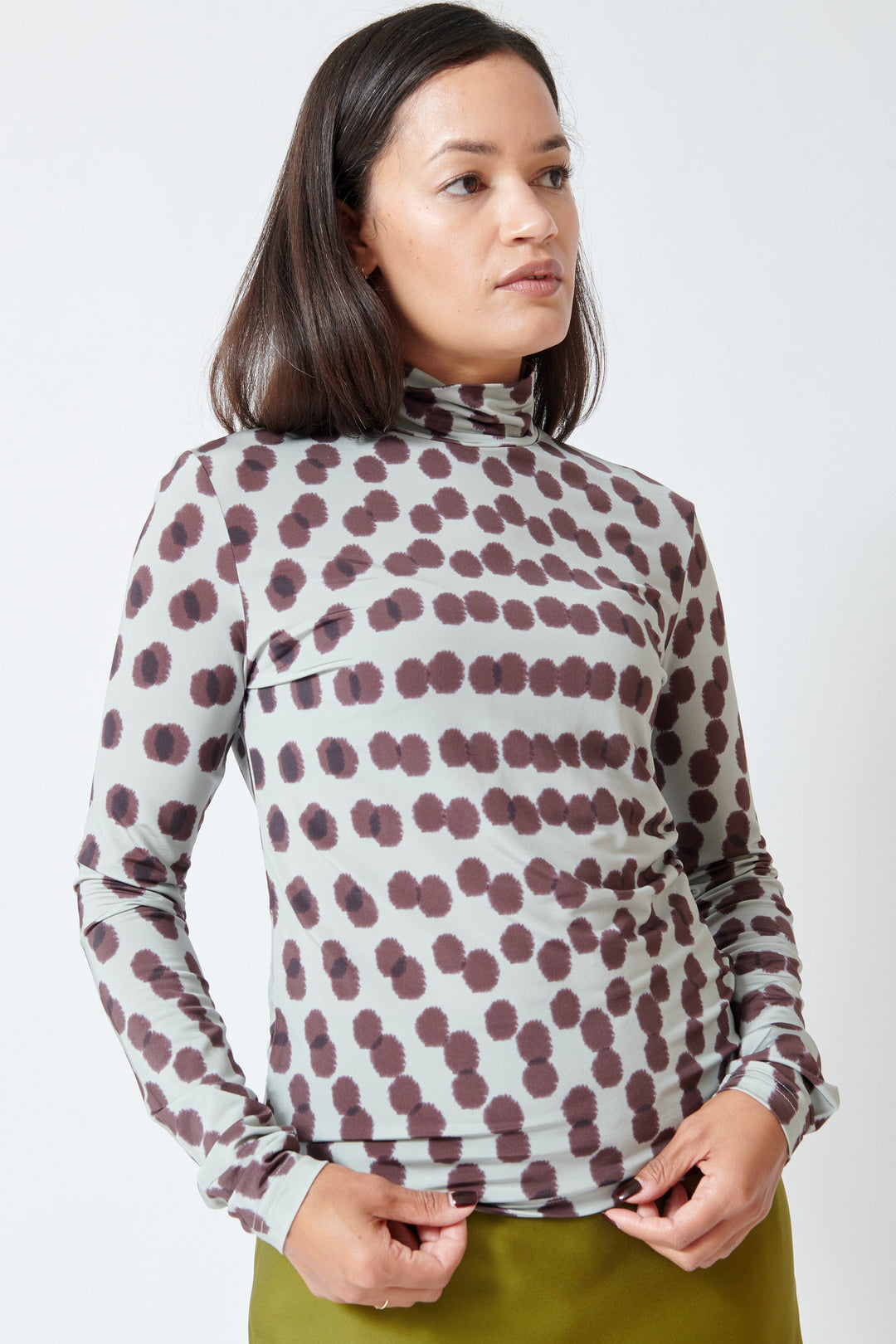 Amanda wearing Christian Wijnants Tugal Turtleneck Top front view
