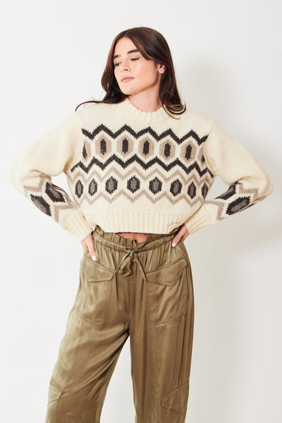 Ganni Chunky Graphic Wool Cropped O-Neck, modeled from the front