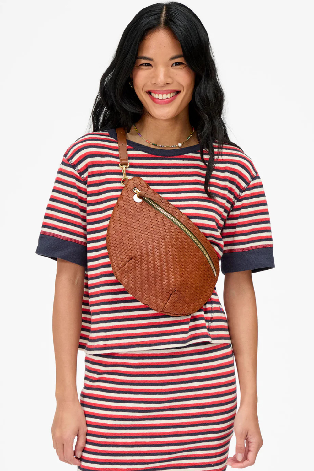 Model wearing Clare V. Grande Fanny Hazelnut Woven Zig Zag front view