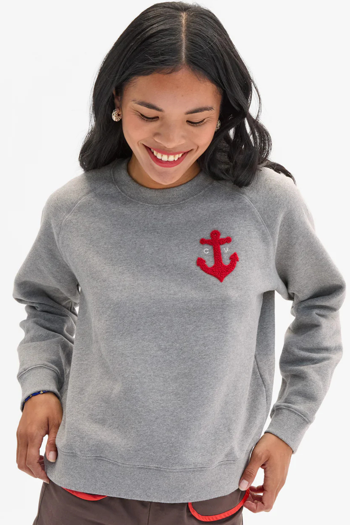 Model wearing Clare V. Le Court Sweatshirt With Petit Chenille Anchor Grey Melange CV Anchor front view