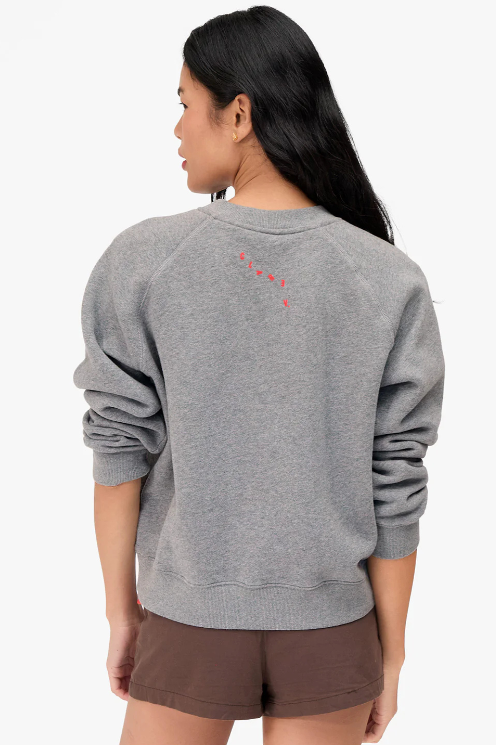 Model wearing Clare V. Le Court Sweatshirt With Petit Chenille Anchor Grey Melange CV Anchor rear view