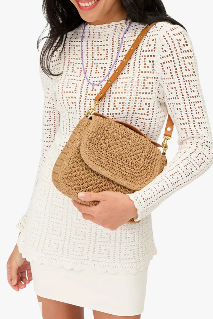 Model wearing Clare V. Louis Bag With Top Handle Palm Twisted Raffia front view