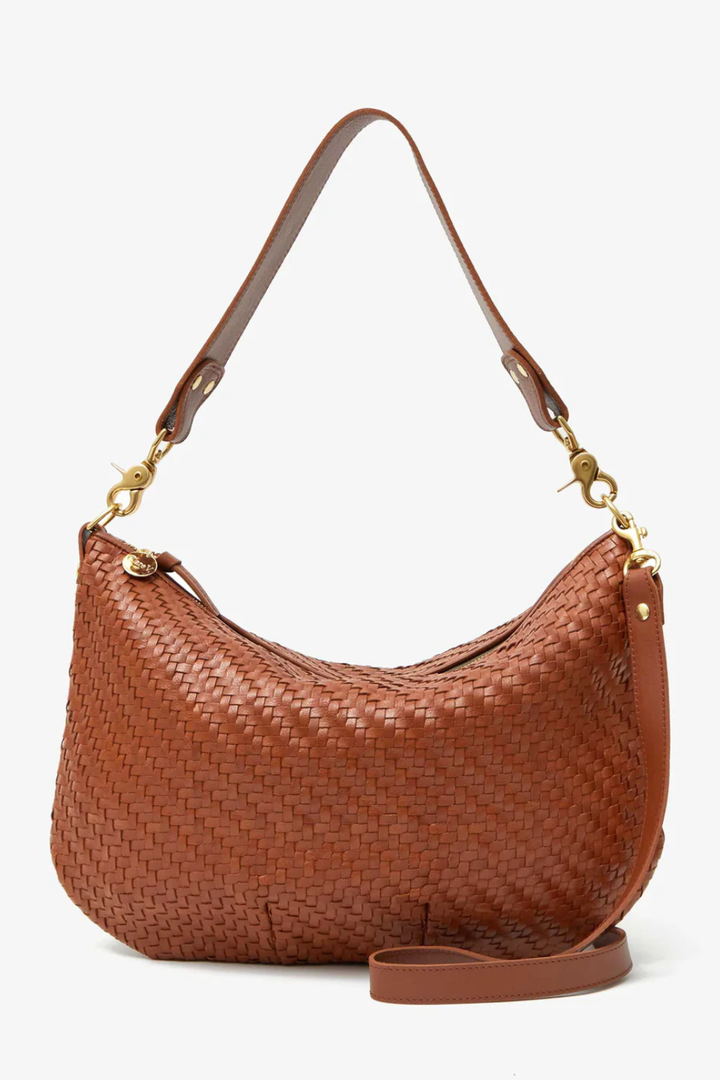 Flat lay of Clare V. Moyen Messenger Hazelnut Woven Zig Zag front view