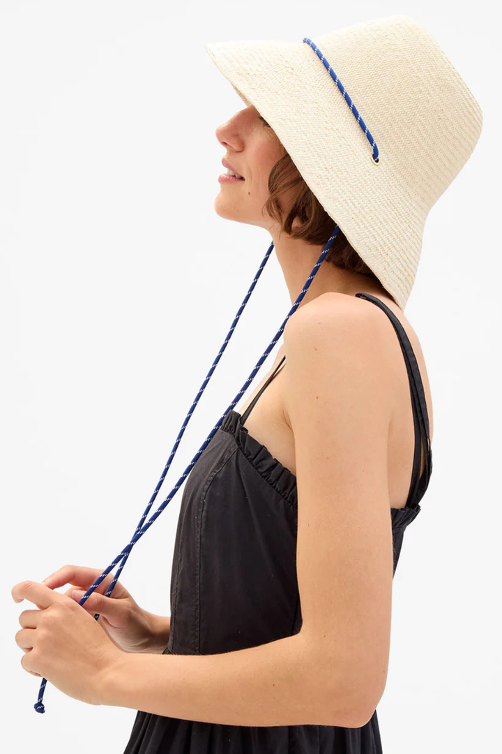 Model wearing Clare V. Romy Hat Natural front view