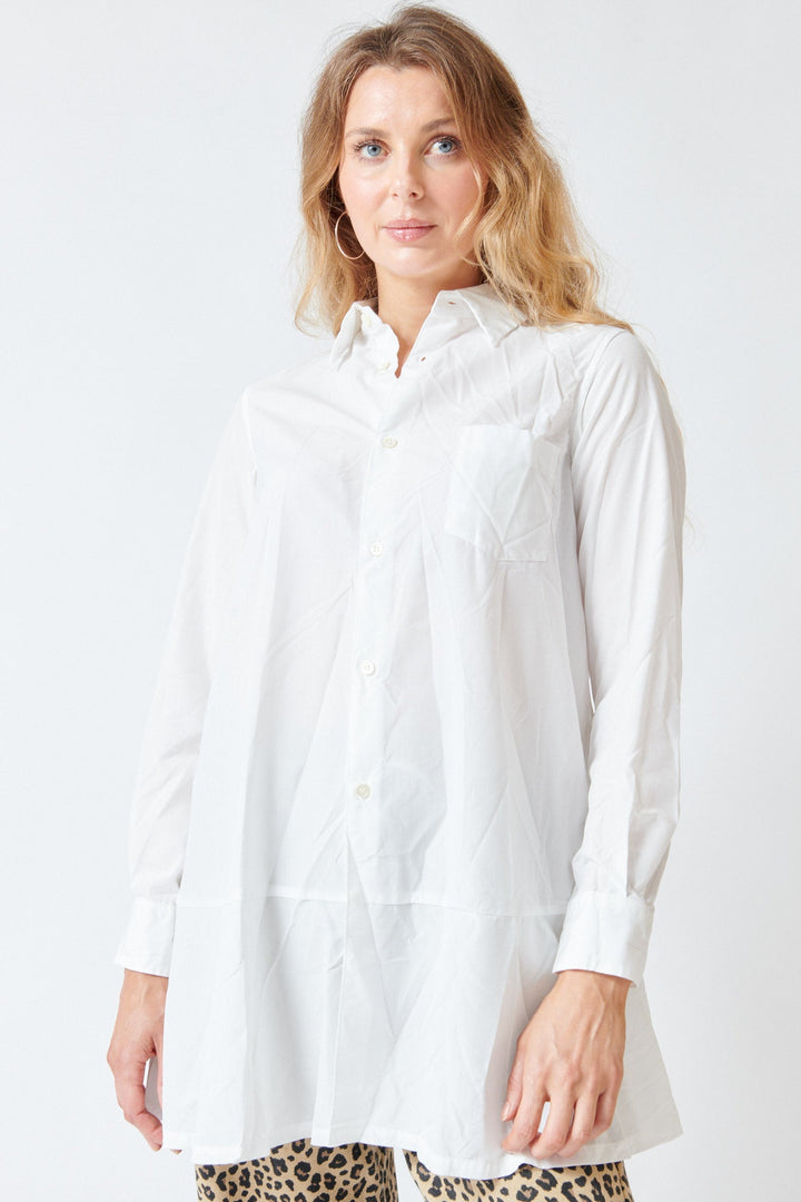 Mari wearing Comme des Garçons Long Crinkle Skirted Janet Blouse White front view