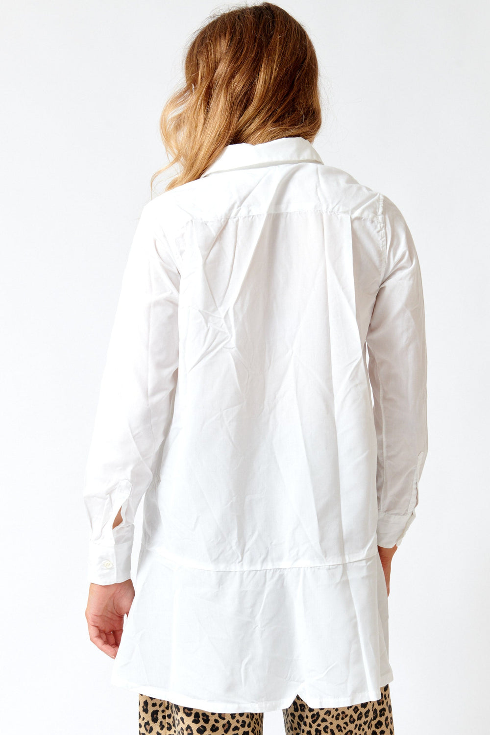 Mari wearing Comme des Garçons Long Crinkle Skirted Janet Blouse White rear view