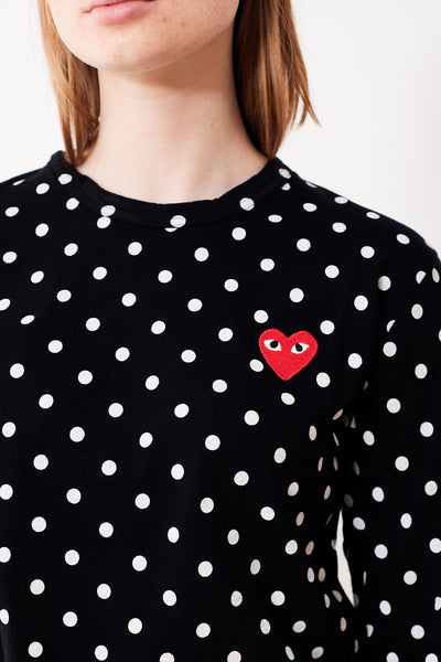 Comme des Garçons PLAY Mens Long Sleeve Polka Dot Red Heart Patch Tee