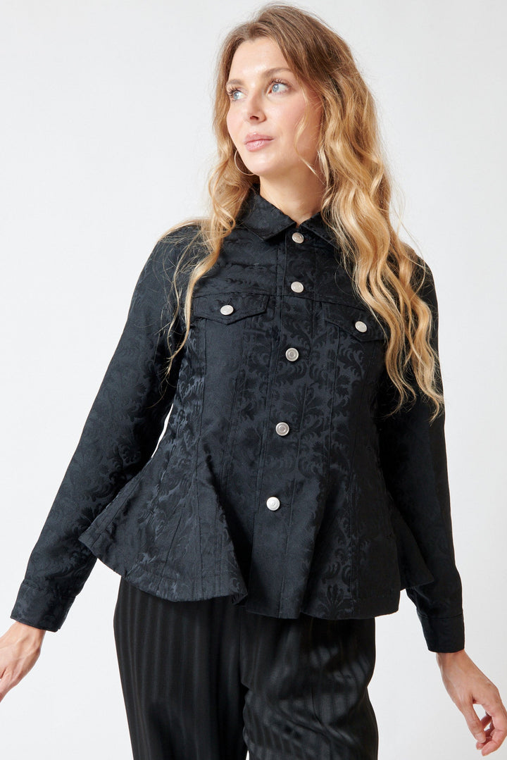 Mari wearing Comme des Garçons Poly Anna Jacket Black front view