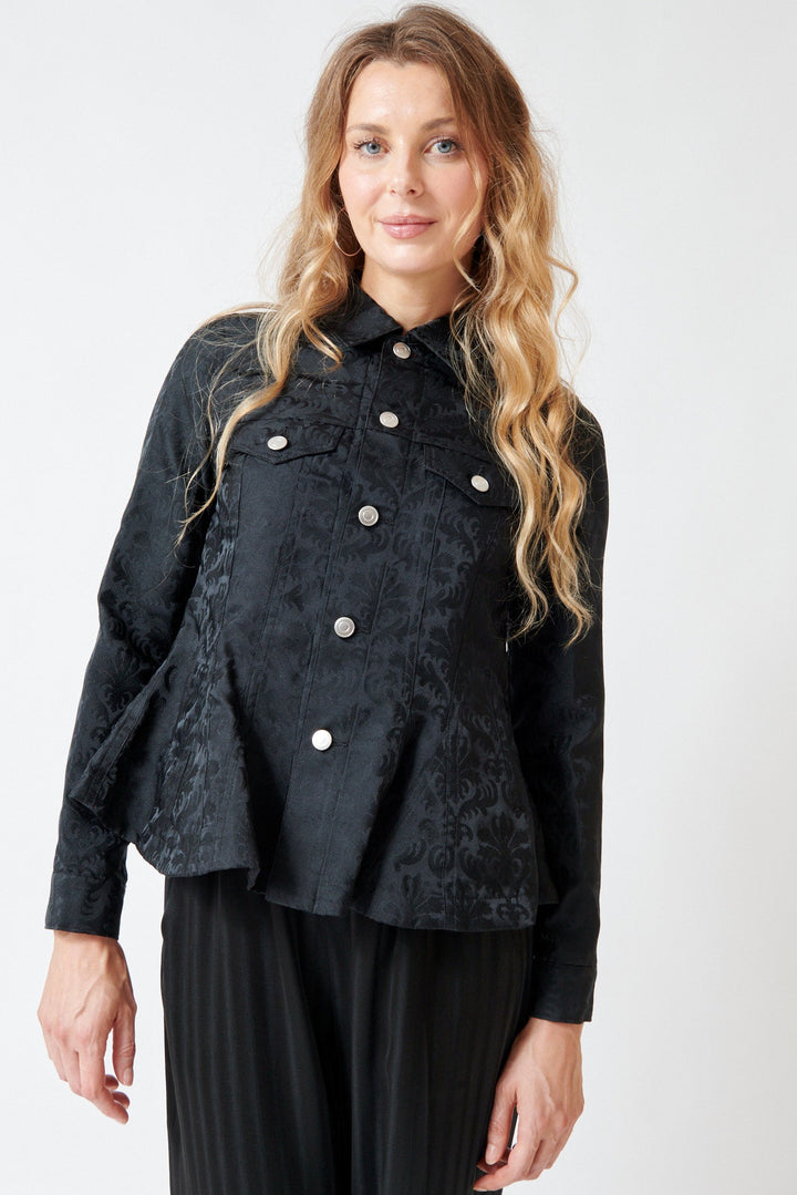 Mari wearing Comme des Garçons Poly Anna Jacket Black front view
