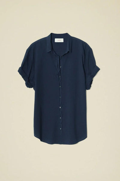 Full view of front of navy short-sleeved navy button down, not on model