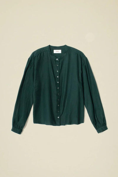 Full view of front of dark teal long-sleeved button down shirt