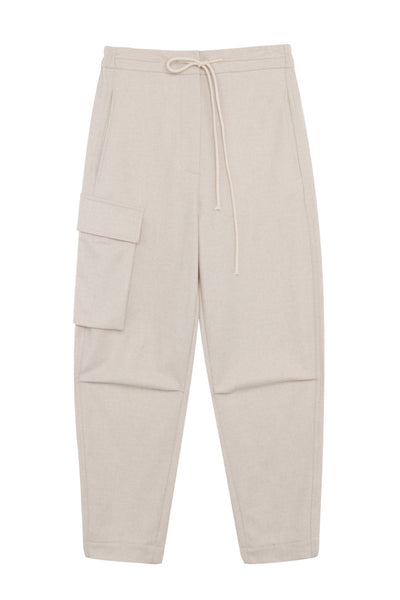 Full front view of beige sweatpants/trousers with drawstring waist and side pocket