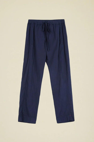 Full view of front of drawstring navy trousers, not on model