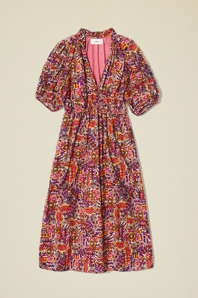 Full front view of multi-colored short sleeve midi dress, not on model.