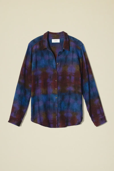 Full front view of multicolored long sleeved button up shirt, not on model.