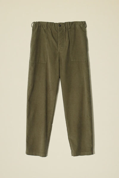 Full front view of olive green corduroy trousers, not on model.