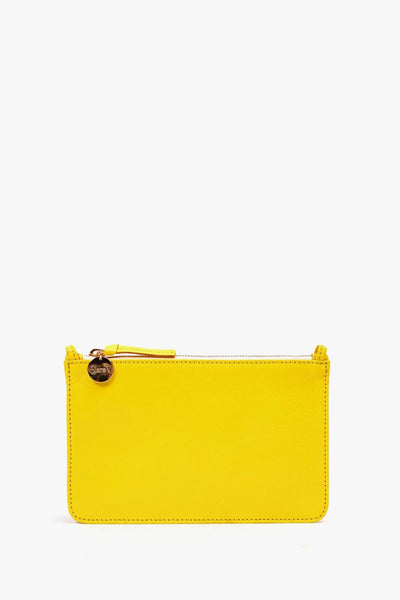 Front view of dandelion yellow wallet clutch with zipper