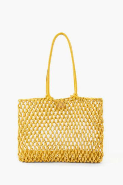 Front view of yellow braided rope tote