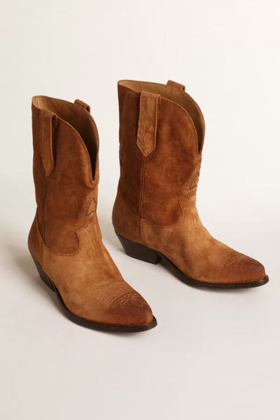 Front/side view of suede cognac-colored cowboy boots