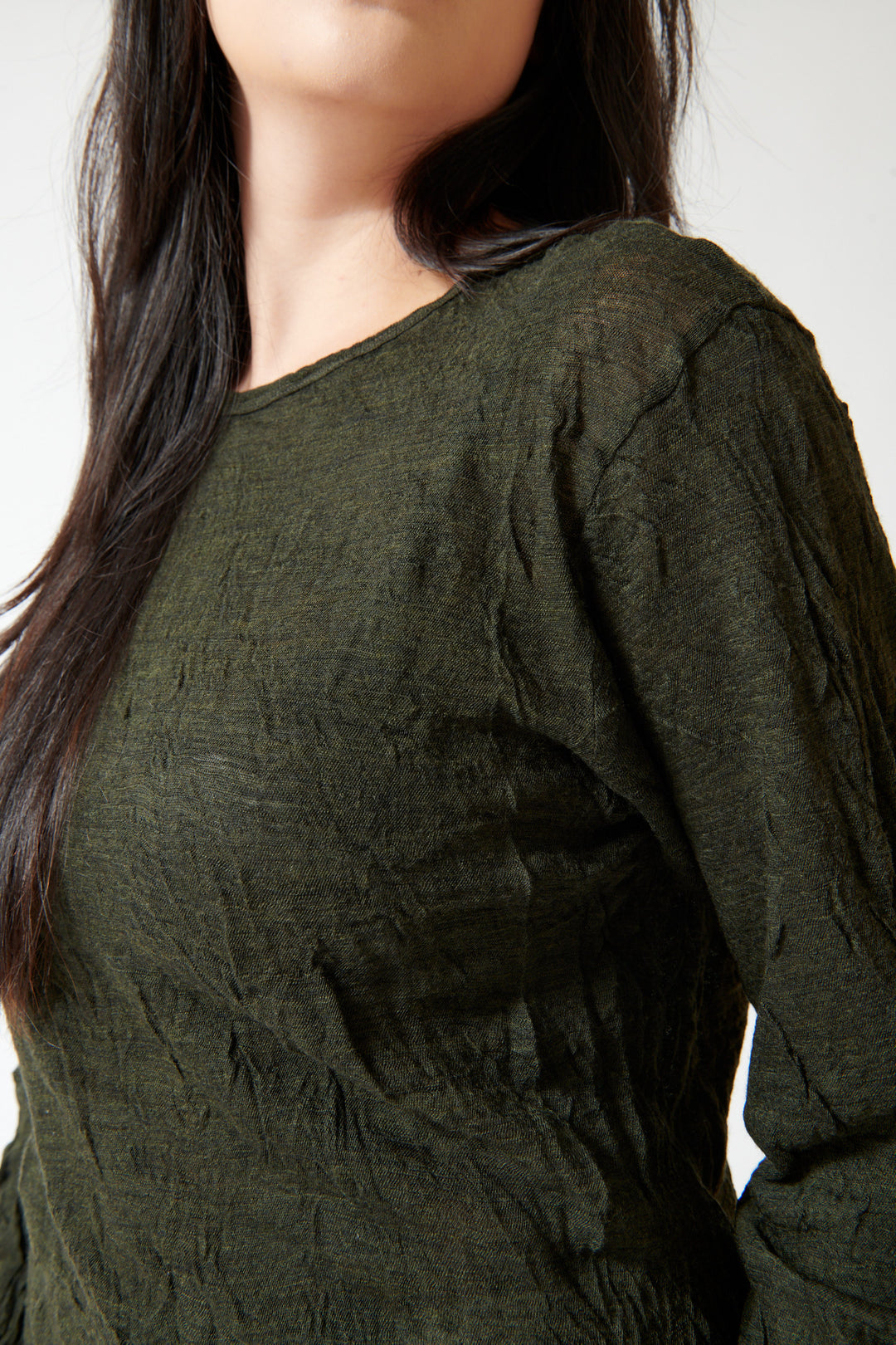 Lilly wearing Pas de Calais Crinkle Finish Wool Gauze Jersey Crewneck Pullover Khaki detail view