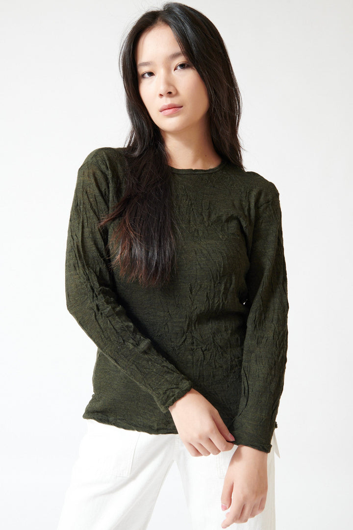 Lilly wearing Pas de Calais Crinkle Finish Wool Gauze Jersey Crewneck Pullover Khaki front view