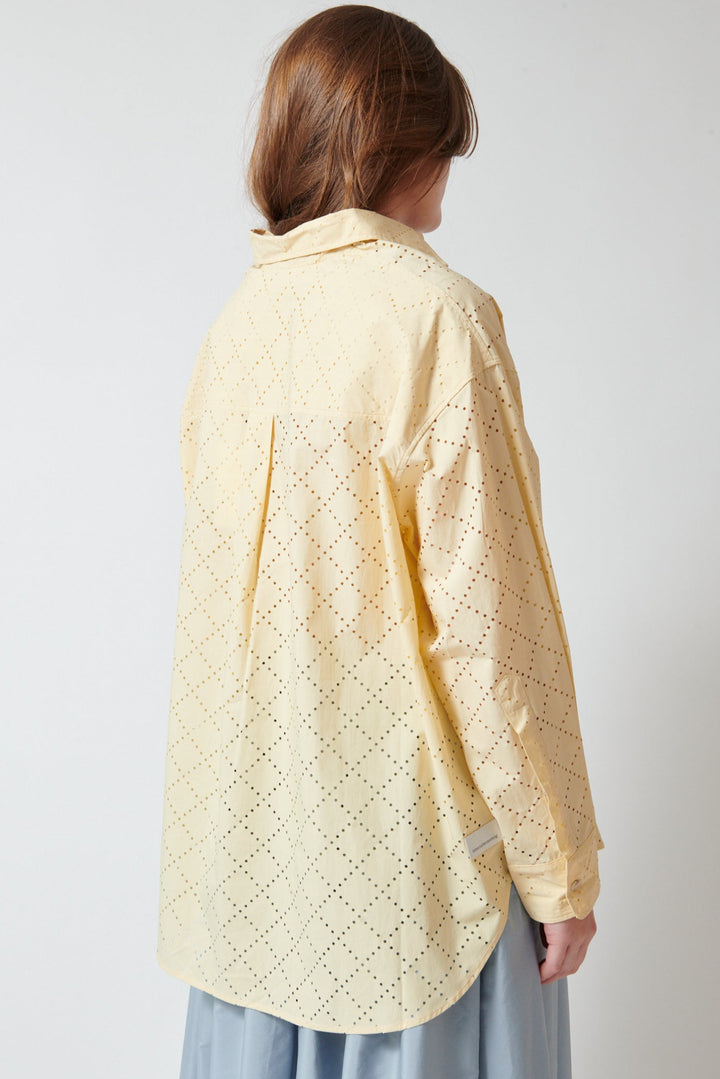 Julia wearing nine:inthe:morning Dorota Perforated Overshirt Yellow rear view