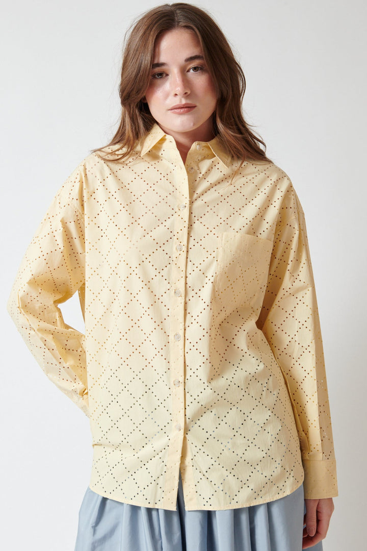 Julia wearing nine:inthe:morning Dorota Perforated Overshirt Yellow front view