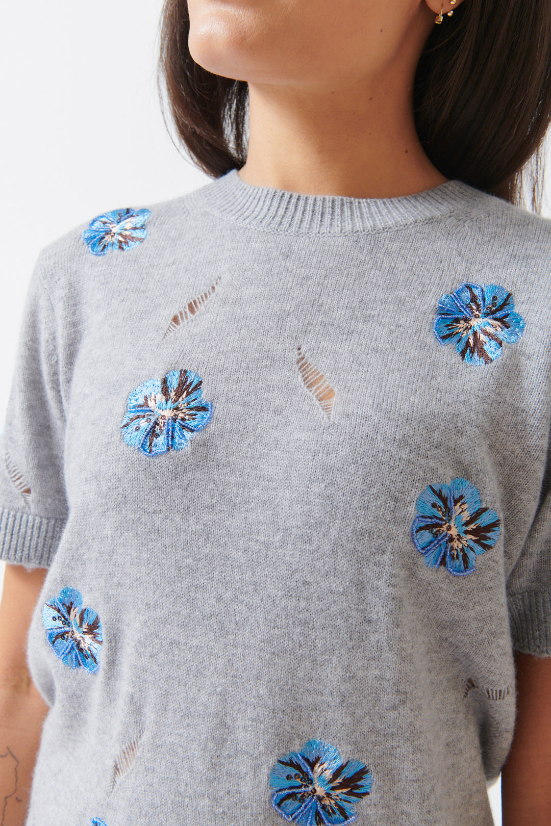 Amanda wearing Dorothee Schumacher Blooming Statements Pullover front/detail view