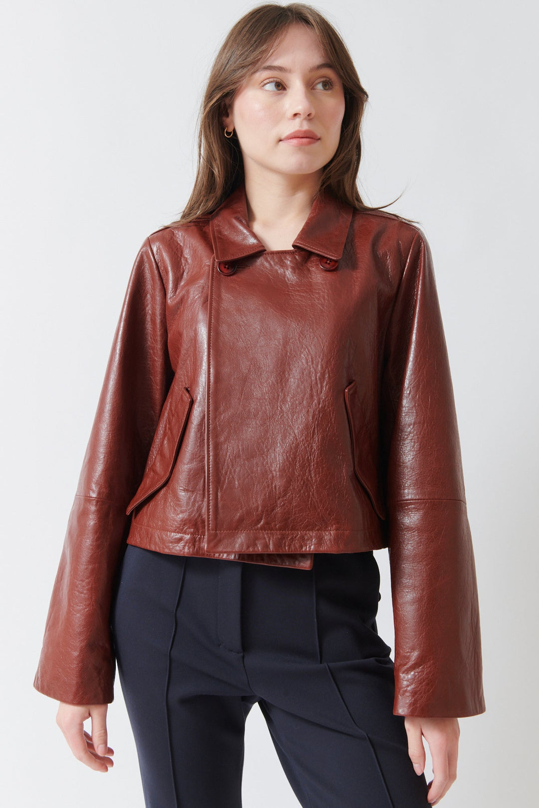 Angela wearing Dorothee Schumacher Broken Shine Jacket front view