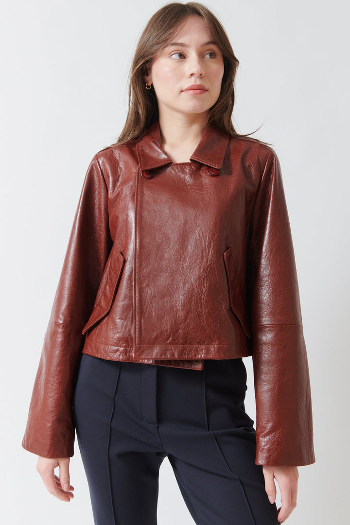 Angela wearing Dorothee Schumacher Broken Shine Jacket front view