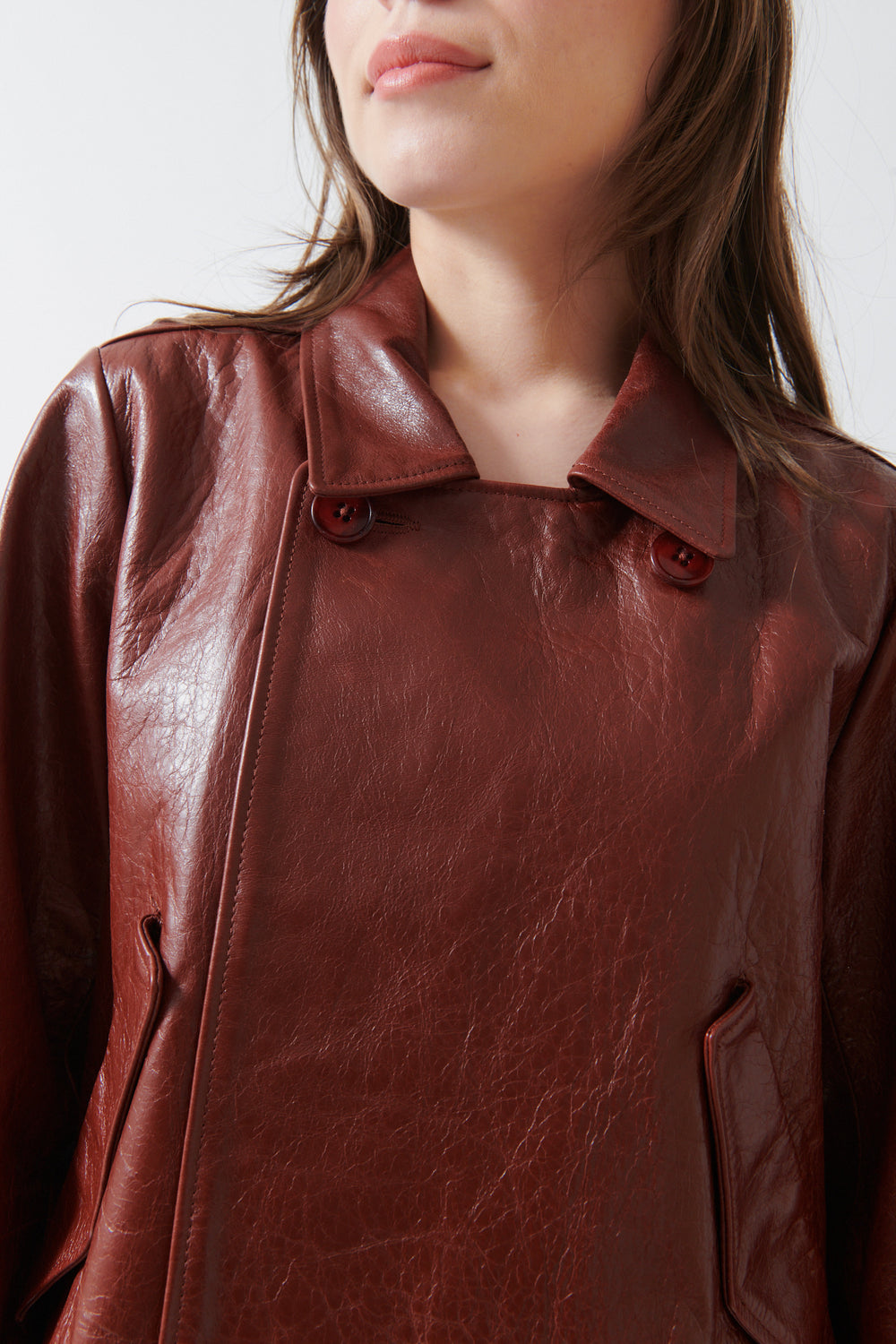 Angela wearing Dorothee Schumacher Broken Shine Jacket detail view