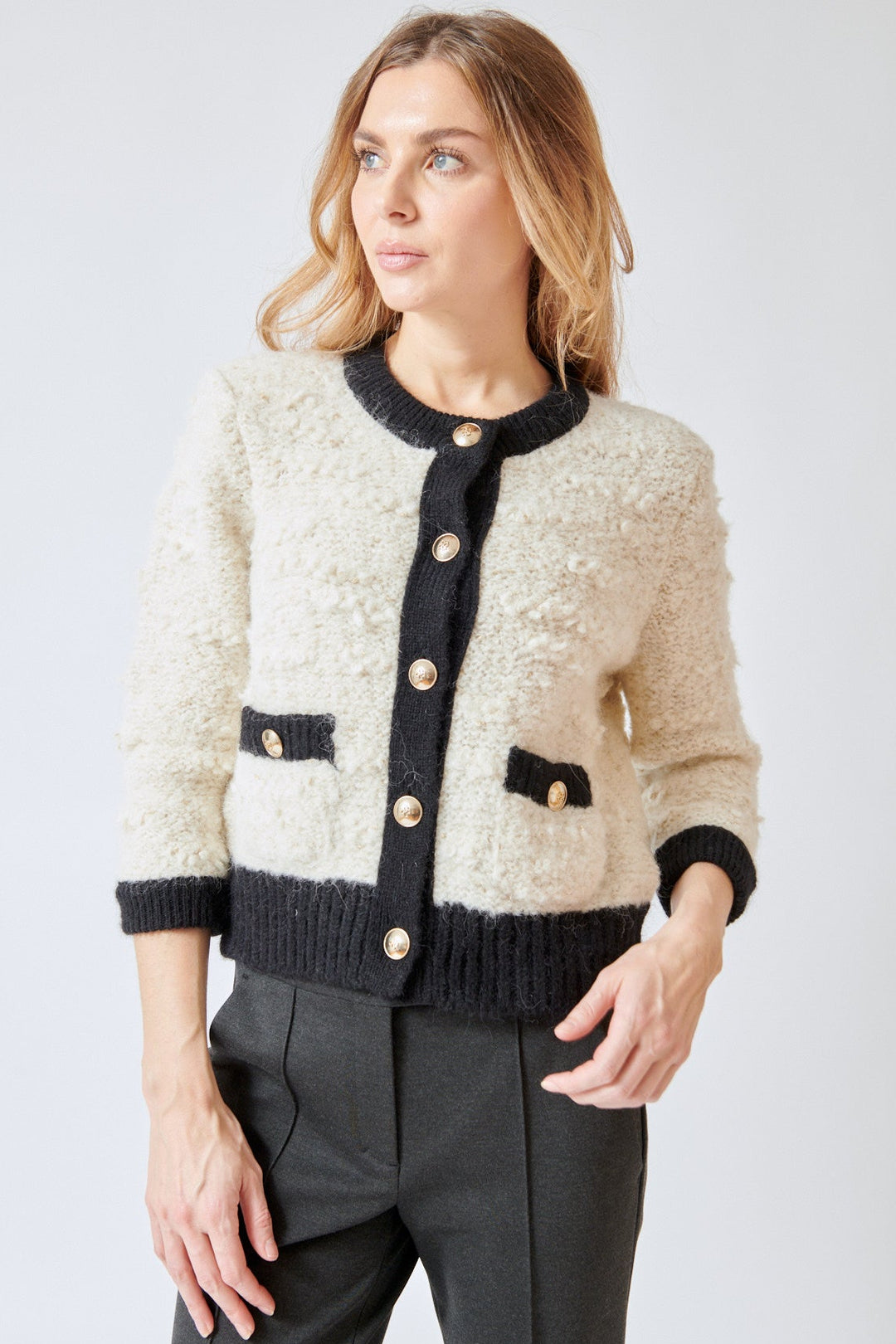 Mari wearing Dorothee Schumacher Delightful Sparkle Cardigan front view