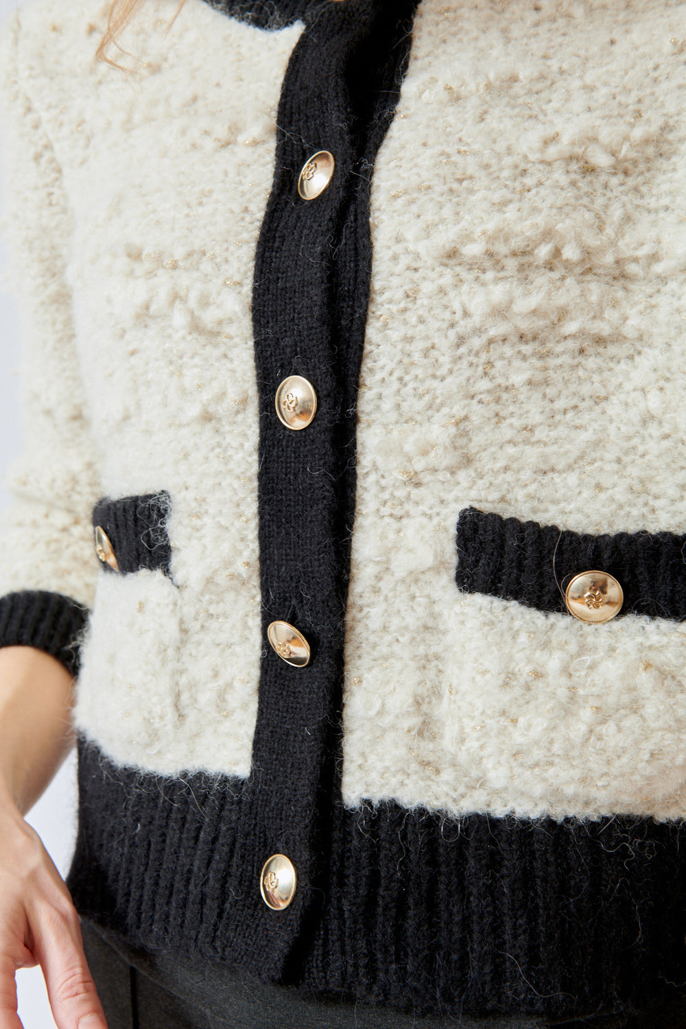 Mari wearing Dorothee Schumacher Delightful Sparkle Cardigan front/detail view