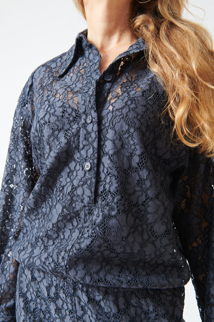 Mari wearing Dorothee Schumacher Powerful Lace Dress detail view