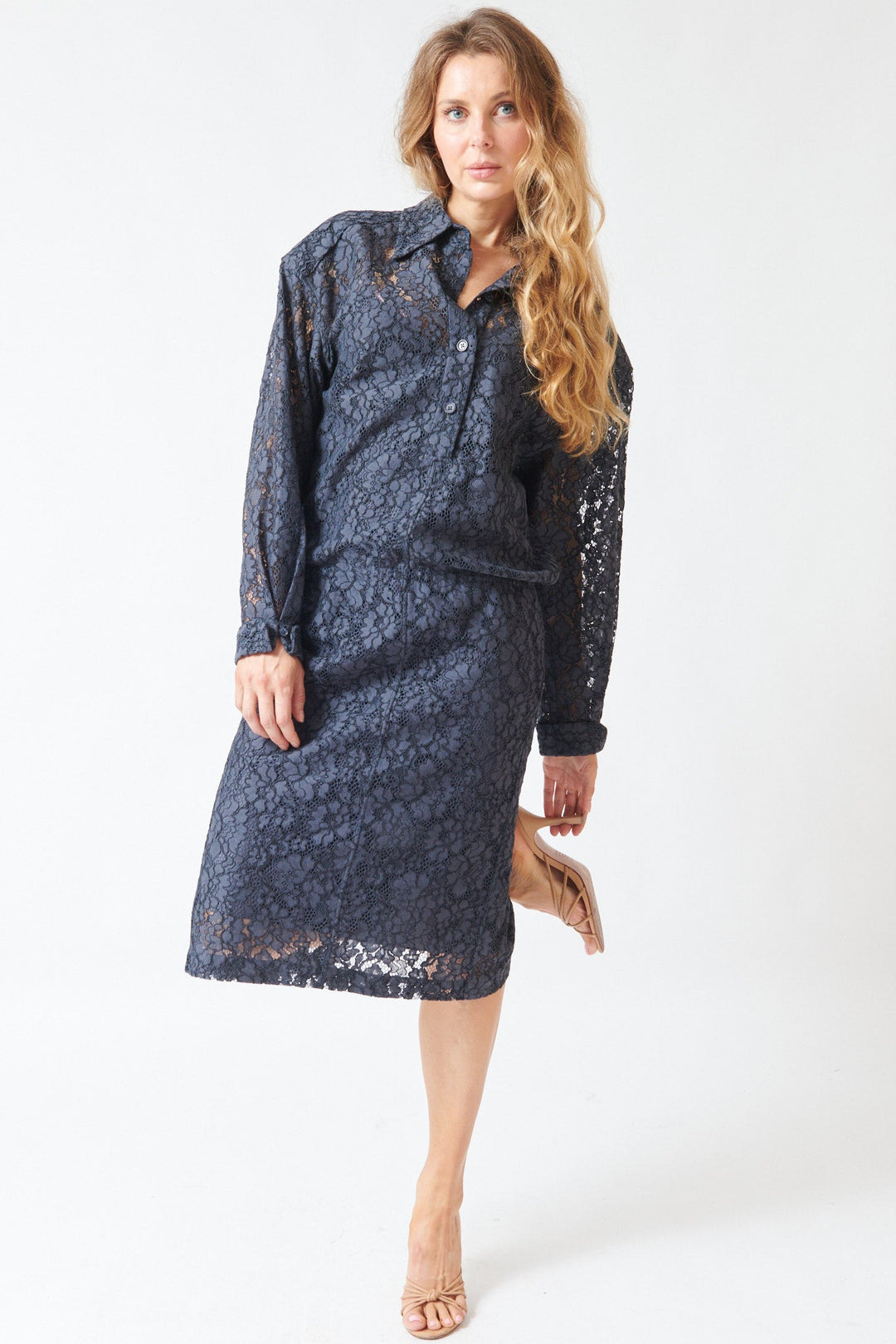 Mari wearing Dorothee Schumacher Powerful Lace Dress front view