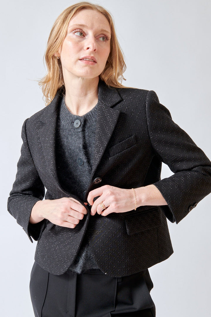 Madi wearing Dorothee Schumacher Sparkling Emotions Jacket front view