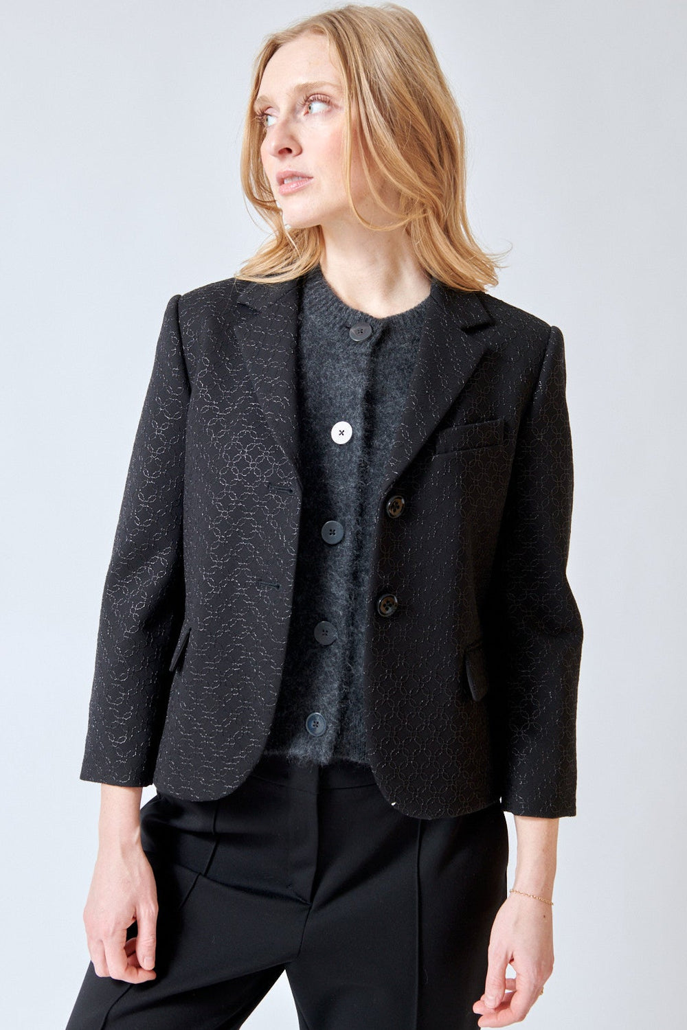 Madi wearing Dorothee Schumacher Sparkling Emotions Jacket front view