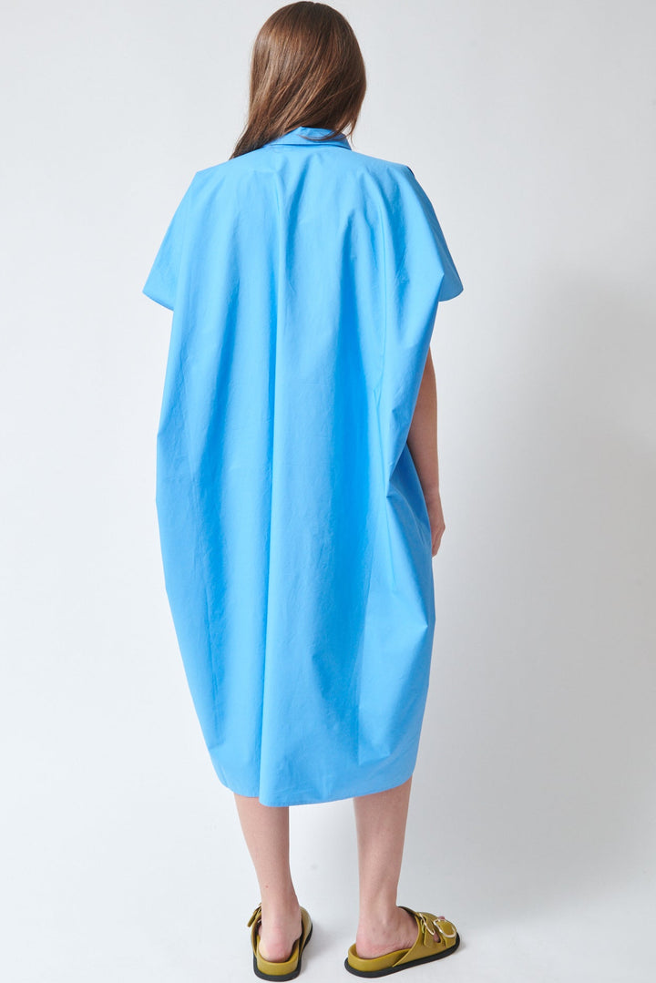 Julia wearing Sofie D'Hoore Duchy Wide Short Sleeve Button Down Dress Azure rear view