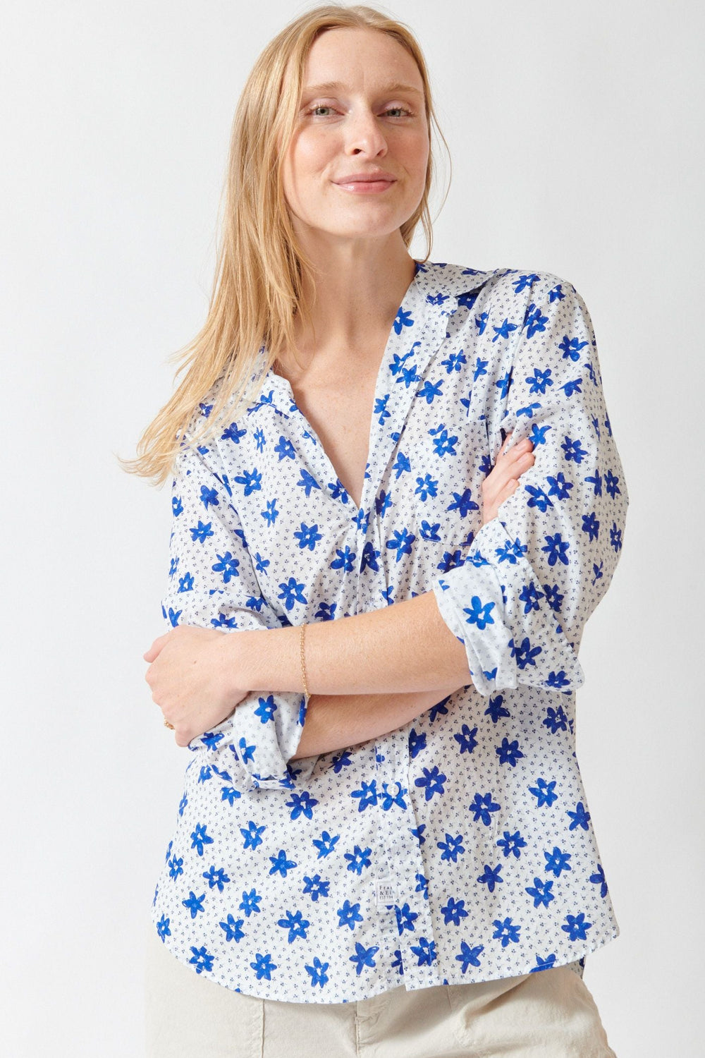 Madi wearing Frank & Eileen Eileen Relaxed Button Up Shirt front view