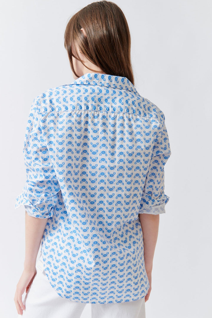Angela wearing Frank & Eileen Eileen Relaxed Button Up Shirt Blue Crab rear view