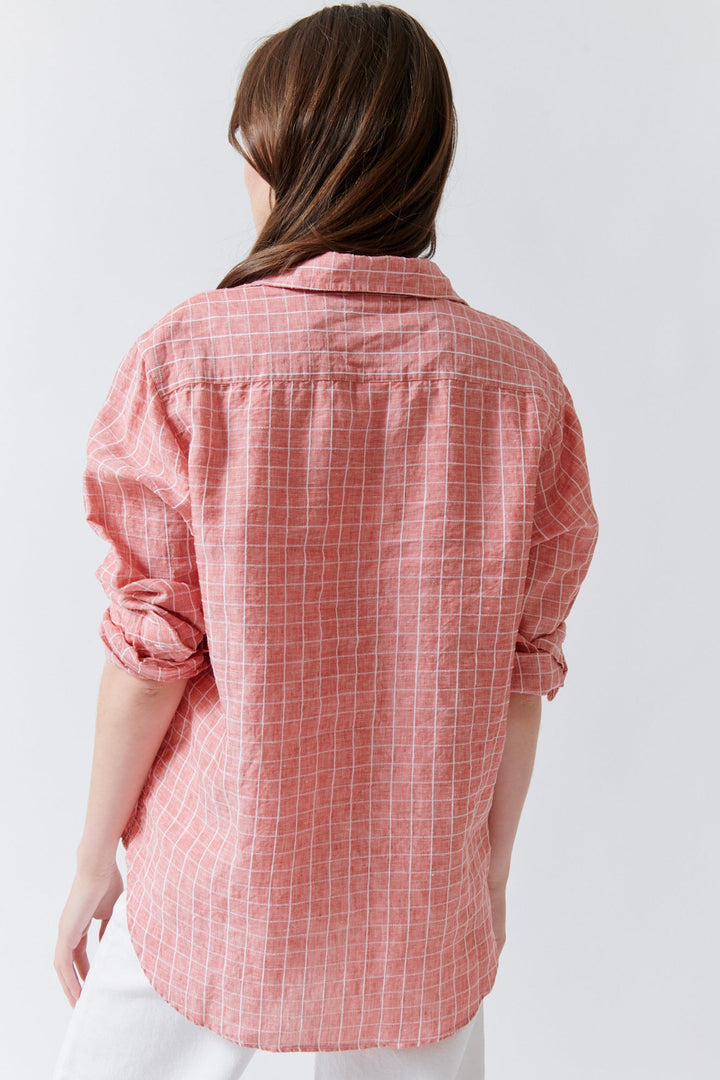 Angela wearing Frank & Eileen Eileen Relaxed Button Up Shirt Red White Grid rear view