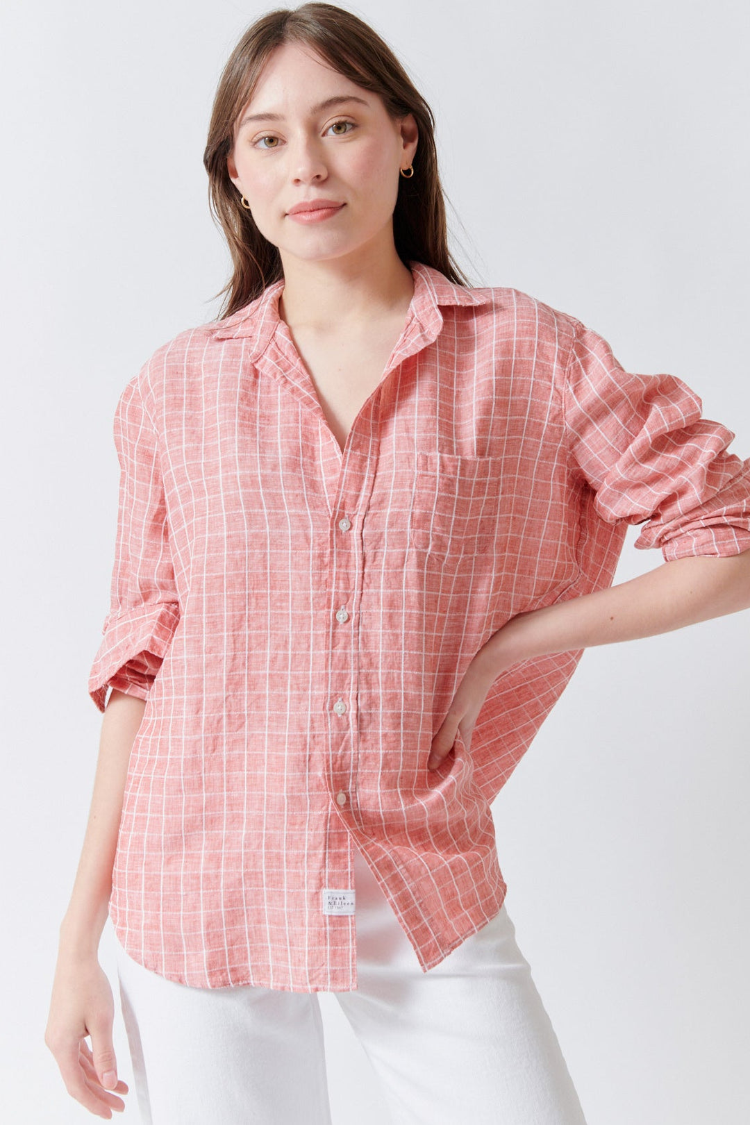 Angela wearing Frank & Eileen Eileen Relaxed Button Up Shirt Red White Grid front view