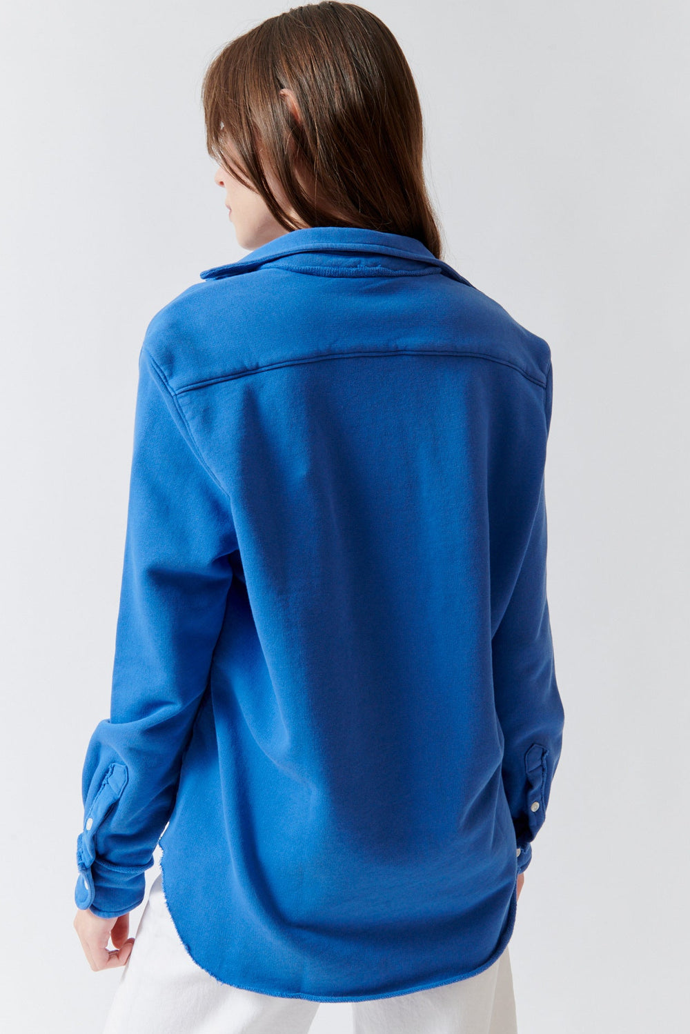 Angela wearing Frank & Eileen Eileen Relaxed Button Up Sweatshirt Lazuli rear view