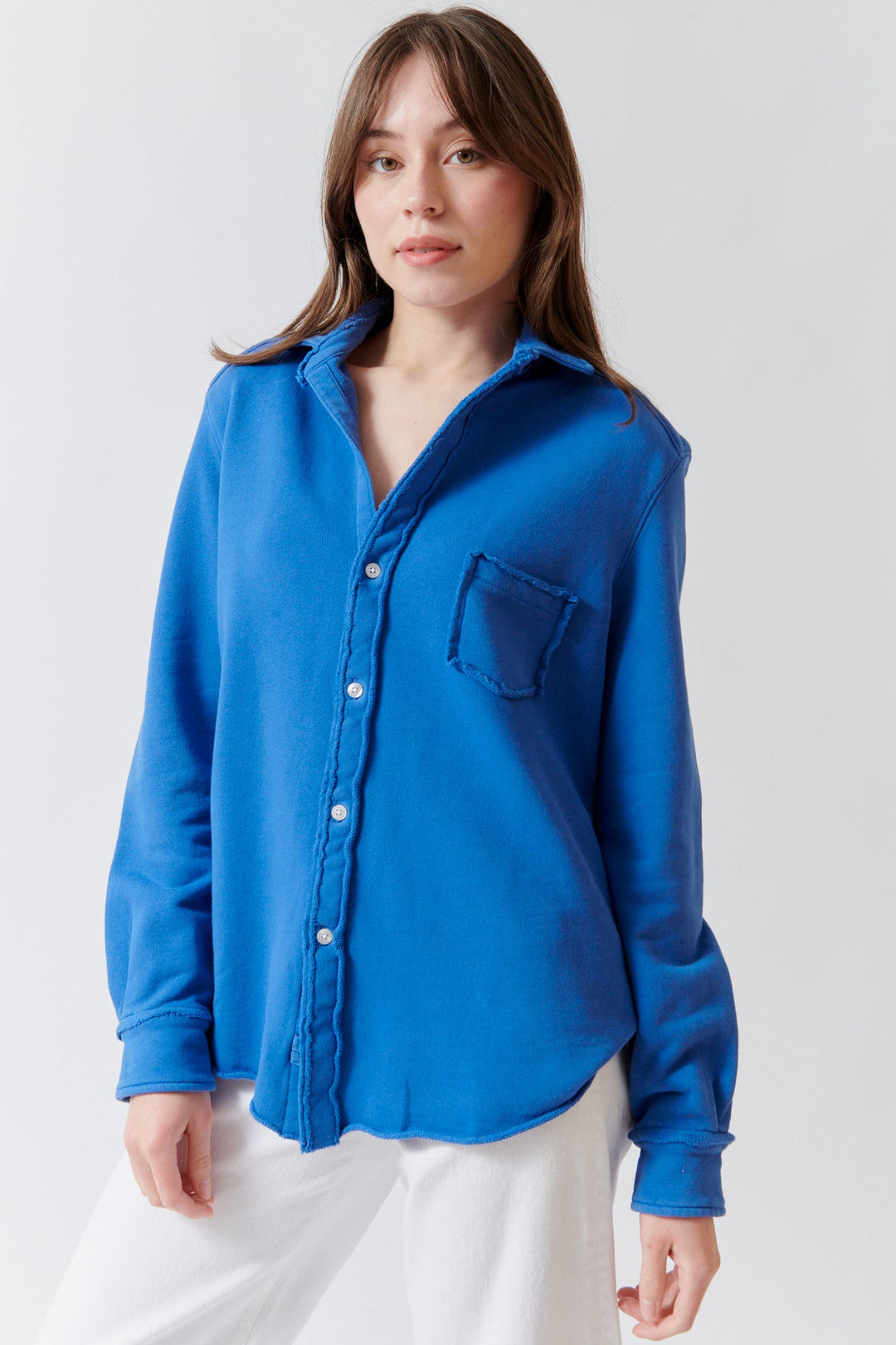 Angela wearing Frank & Eileen Eileen Relaxed Button Up Sweatshirt Lazuli front view
