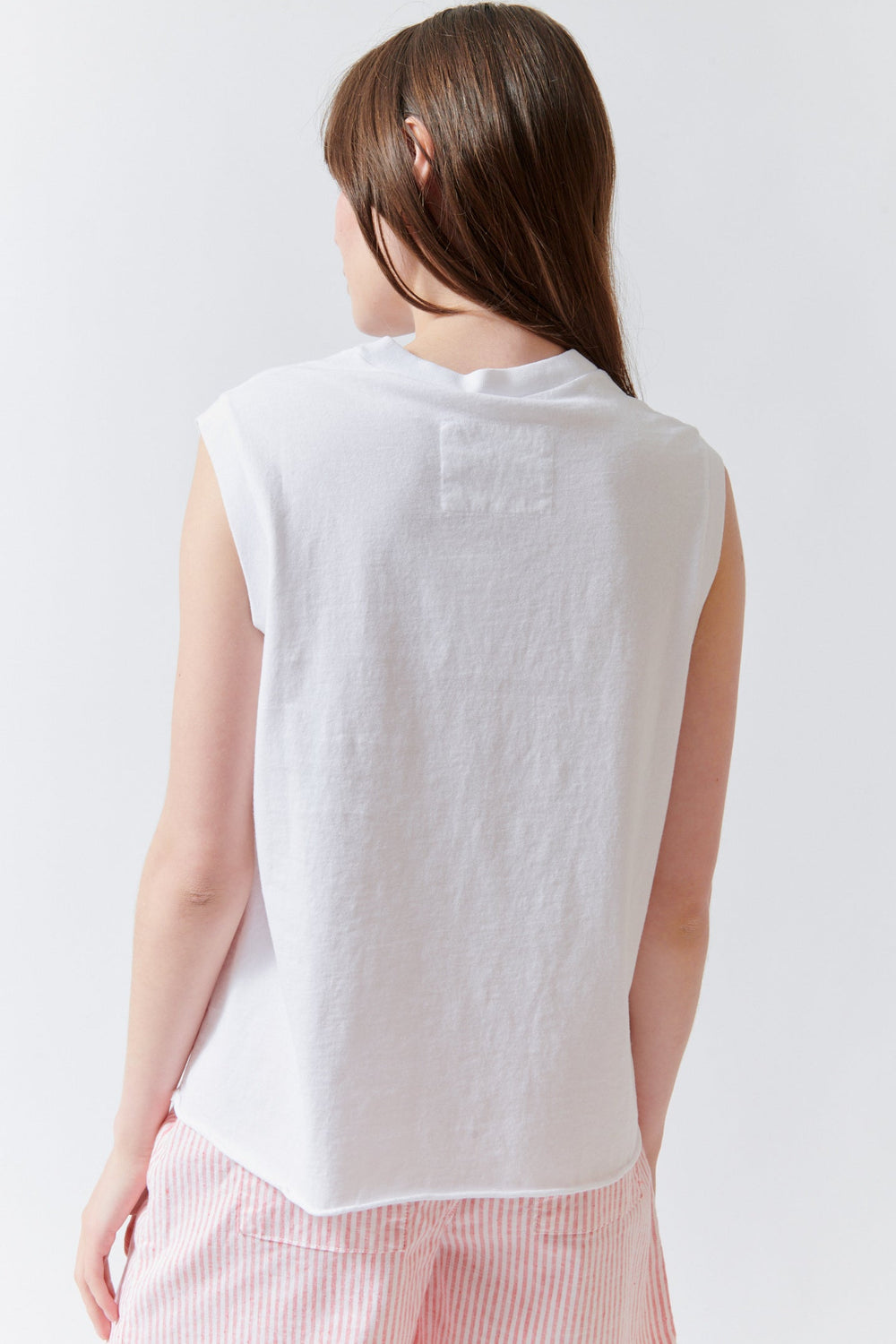 Angela wearing Finn Sleeveless Tank White rear view