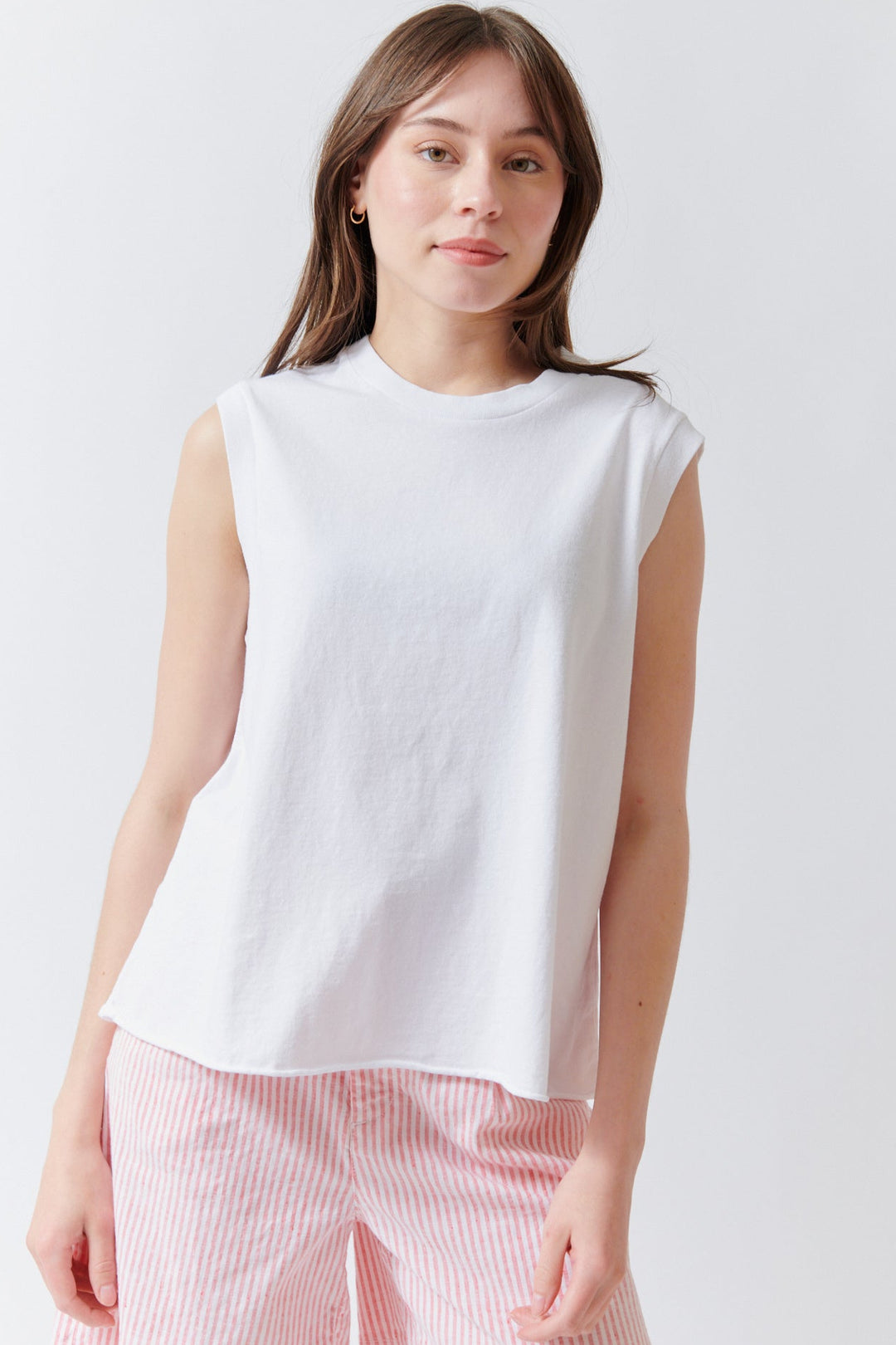 Angela wearing Finn Sleeveless Tank White front view