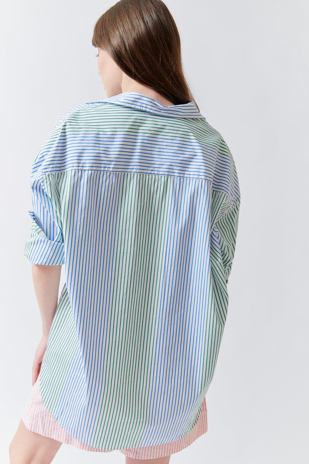 Angela wearing Frank & Eileen Shirley Oversized Button Up Shirt Bright Multicolor Stripe rear view