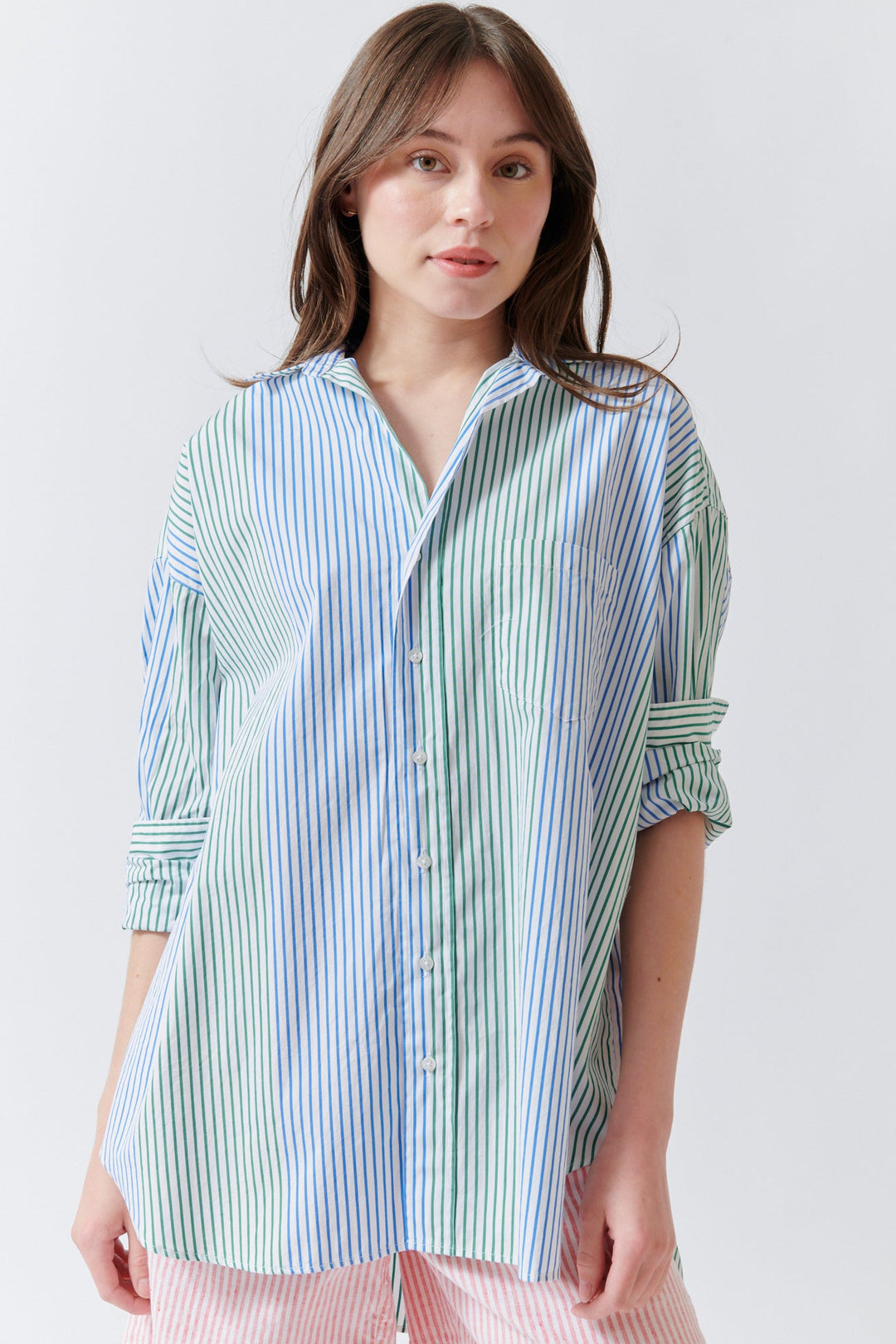 Angela wearing Frank & Eileen Shirley Oversized Button Up Shirt Bright Multicolor Stripe front view